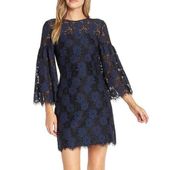 NWT Trina Turk  Two Tone Floral Lace Bell Sleeve Dress Womens 2 Blue Black - Picture 1 of 9